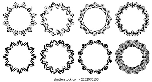 Hand drawn set of decorative round frames for design with floral ornaments. Circle mandala frame. Templates for printing postcards, invitations, books, textiles, yoga, invitation, graphic design