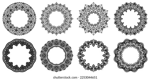 Hand drawn set of decorative round frames for design with floral ornaments. Circle mandala frame. Templates for printing postcards, invitations, books, textiles, yoga, invitation, graphic design