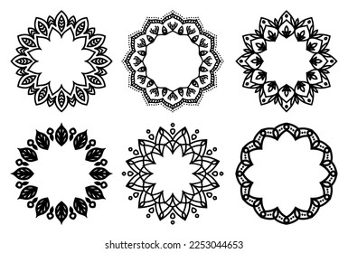 Hand drawn set of decorative round frames for design with floral ornaments. Circle mandala frame. Templates for printing postcards, invitations, books, textiles, yoga, invitation, graphic design