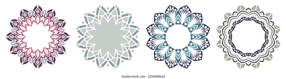 Hand drawn set of decorative round frames for design with floral ornaments. Circle mandala frame. Templates for printing postcards, invitations, books, textiles, yoga, invitation, graphic design
