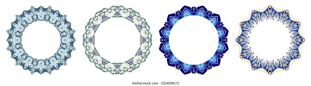Conjunto de cuadros redondos decorativos dibujados a mano para el diseño con adornos florales. Marco Círculo Mandala. Plantillas para imprimir postales, invitaciones, libros, textiles, yoga, invitación, diseño gráfico