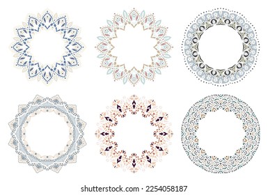 Hand drawn set of decorative round frames for design with floral ornaments. Circle mandala frame. Templates for printing postcards, invitations, books, textiles, yoga, invitation, graphic design