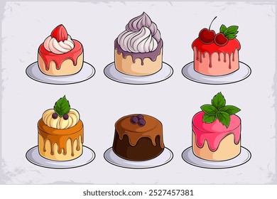 Hand drawn set of delicious cupcakes with cream and fruits on top isolated on white background