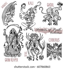 Hand drawn set with demons of death concept isolated on white. Graphic vector illustration. Engraved line art drawings of grim reaper, Kali goddess, cerberus and other monsters. 