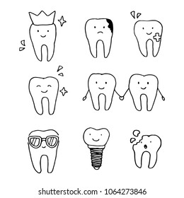 Hand drawn set of dental, orthodontics themes for children. Vector illustration for dental clinic services, stomatology, dentistry, orthodontics, oral health care. 