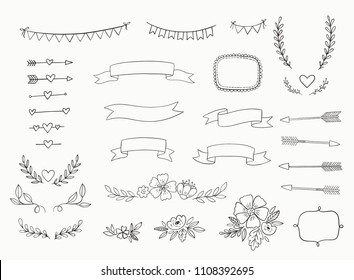 Hand drawn set of design elements for wedding invitations, greeting cards, posters. Vector illustrations including ribbons, frames, arrows, laurels, wreaths, flowers, bunting banners. 