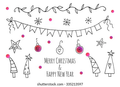 Hand drawn set of design elements. Christmas doodle patterns collection. Happy New Year.
