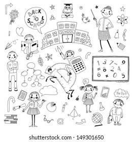 Hand Drawn Set For Design. School, Teacher, Students, The Numbers... Vector Illustration.