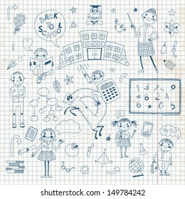 Hand drawn set for design. School, teacher, children, the numbers... Vector illustration.