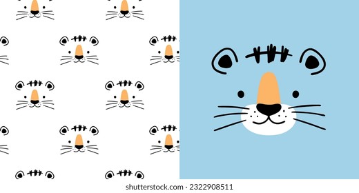 Hand drawn set for designing baby clothes with tiger. Vector illustration in doodle style on light blue background. Postcard with tiger and seamless pattern. Cartoon Bohemian nursery print.