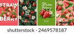 Hand drawn set of designs and patterns. Vectorized gouache illustrations. Illustrations of strawberry with flowers and leaves for poster, prints, menu, card or textile.