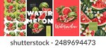 Hand drawn set of designs and patterns. Vectorized gouache illustrations. Illustrations of sweet watermelon with flowers and leaves for poster, prints, menu, card or textile