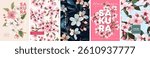 Hand drawn set of designs and patterns. Vectorized gouache illustrations. Illustrations of sakura flowers and leaves for poster, prints, menu, card or textile