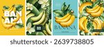 Hand drawn set of designs and patterns. Vectorized gouache illustrations. Illustrations of yellow bananas with flowers and leaves for poster, prints, menu, card or textile