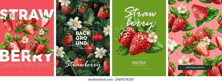 Hand drawn set of designs and patterns. Vectorized gouache illustrations. Illustrations of strawberry with flowers and leaves for poster, prints, menu, card or textile.