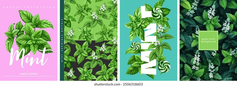 Conjunto de diseños y patrones dibujados a mano. Ilustraciones vectorizadas de gouache. Ilustraciones de menta con flores y caramelos de menta para póster, estampados, menú, tarjeta o textil