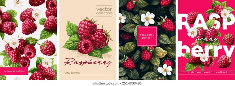 Conjunto de diseños y patrones dibujados a mano. Ilustraciones vectorizadas de gouache. Ilustraciones de frambuesa dulce con flores y hojas para póster, estampados, menú, tarjeta o textil