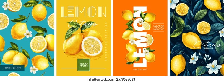 Hand drawn set of designs and patterns. Vectorized gouache illustrations. Illustrations of yellow lemons with flowers and leaves for poster, prints, menu, card or textile