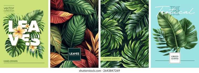 Hand drawn set of designs and patterns. Vectorized gouache illustrations. Illustrations of tropical leaves with flowers for poster, prints, menu, card or textile