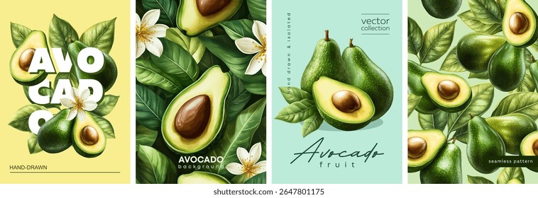 Hand drawn set of designs and patterns. Vectorized gouache illustrations. Illustrations of avocado with flowers and leaves for poster, prints, menu, card or textile