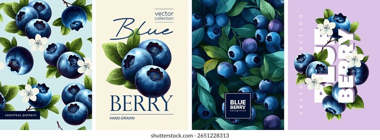 Hand drawn set of designs and patterns. Vectorized gouache illustrations. Illustrations of blueberry with flowers and leaves for poster, prints, menu, card or textile