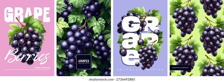 Hand drawn set of designs and patterns. Vectorized gouache illustrations. Illustrations of grape with leaves for poster, prints, menu, card or textile