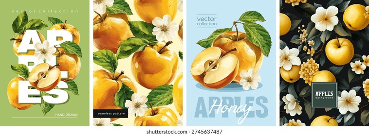 Hand drawn set of designs and patterns. Vectorized gouache illustrations. Illustrations of yellow apples with flowers and leaves for poster, prints, menu, card or textile