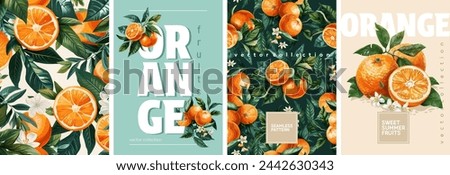 Hand drawn set of designs and patterns. Vectorized gouache illustrations. Illustrations of orange fruits with flowers and leaves for poster, prints, menu, card or textile