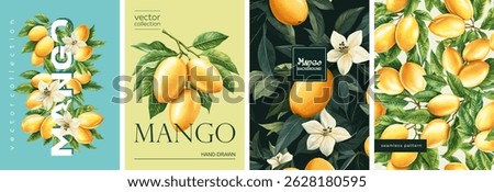 Hand drawn set of designs and patterns. Vectorized gouache illustrations. Illustrations of yellow mango with flowers and leaves for poster, prints, menu, card or textile