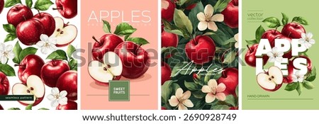 Hand drawn set of designs and patterns. Vectorized gouache illustrations. Illustrations of red apples with flowers and leaves for poster, prints, menu, card or textile