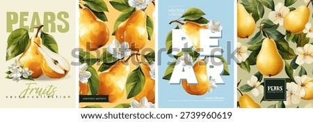 Hand drawn set of designs and patterns. Vectorized gouache illustrations. Illustrations of yellow pears with flowers and leaves for poster, prints, menu, card or textile