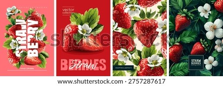 Hand drawn set of designs and patterns. Vectorized gouache illustrations. Illustrations of strawberry with flowers and leaves for poster, prints, menu, card or textile.
