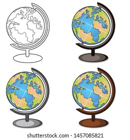 Hand drawn set of 
desktop globes, vector illustration. Globes isolated on white. 