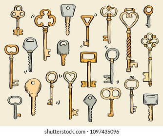 Hand drawn set of different antique key with decorative ornamental elements. Old vintage vector illustration drawn by marker and brush-pen. Doodle sketch style key elements for your own design.