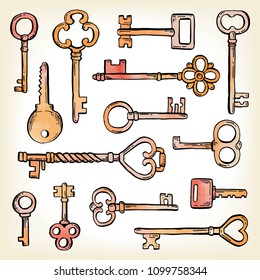 Hand drawn set of different antique key with decorative ornamental elements. Old vintage vector illustration drawn by marker and brush-pen. Doodle sketch style key elements for your own design.