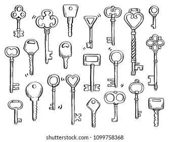Hand drawn set of different antique key with decorative ornamental elements. Old vintage vector illustration drawn by marker and brush-pen. Doodle sketch style key elements for your own design.