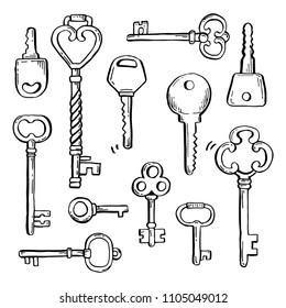 Hand drawn set of different antique key with decorative ornamental elements. Old vintage vector illustration drawn by marker and brush-pen. Doodle sketch style key elements for your own design.