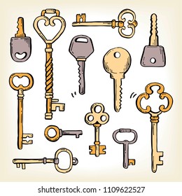 Hand drawn set of different antique key with decorative ornamental elements. Old vintage vector illustration drawn by marker and brush-pen. Doodle sketch style key elements for your own design.