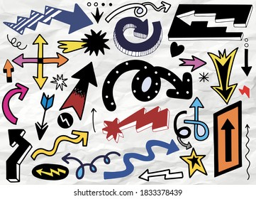 Hand drawn set of different Arrow. Different black directional icons, vector illustration collection for web design, mobile apps, interface and other design, Each on a separate layer.