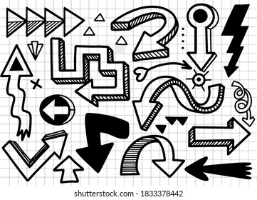 Conjunto dibujado a mano de una flecha diferente. Diferentes iconos de dirección negra, colección de ilustraciones vectoriales para diseño web, aplicaciones móviles, interfaz y otro diseño, Cada uno en una capa separada.