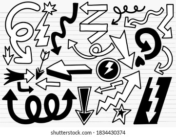 Hand drawn set of different Arrow. Different black directional icons, vector illustration collection for web design, mobile apps, interface and other design, Each on a separate layer.
