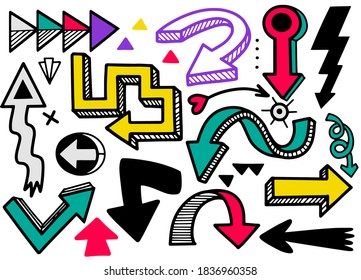 Conjunto dibujado a mano de una flecha diferente. Diferentes iconos de dirección negra, colección de ilustraciones vectoriales para diseño web, aplicaciones móviles, interfaz y otro diseño, Cada uno en una capa separada.