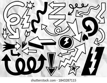 Hand drawn set of different Arrow. Different black directional icons, vector illustration collection for web design, mobile apps, interface and other design, Each on a separate layer.