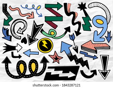 Hand drawn set of different Arrow. Different black directional icons, vector illustration collection for web design, mobile apps, interface and other design, Each on a separate layer.