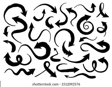 Hand drawn set of different arrows, in various shapes and forms painted with ink brush, isolated on white background. Vector illustration