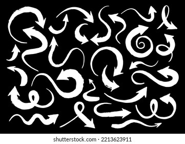Hand drawn set of different arrows, in various shapes and forms painted with ink brush. Vector illustration