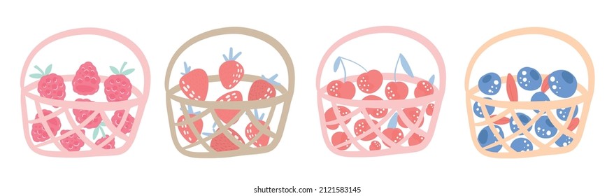 Juego de herrería de mano de diferentes bayas en cesta. Ilustración vectorial de fresas, arándanos, cerezas, frambuesas. Concepto de cosecha. Aislado sobre fondo blanco.