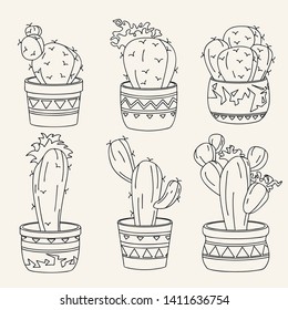 Hand drawn set of different cactuses. Illustration of cactuses. Line art cacti. Vector.