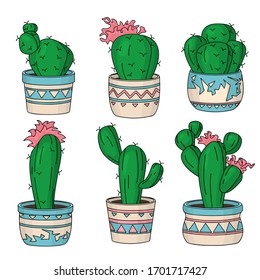 Hand drawn set of different cactuses. Vector.