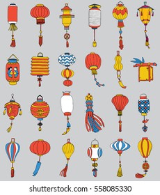 Hand Drawn Set of Different Chinese Paper Street Lanterns.